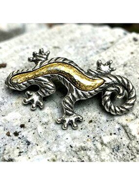 Vintage Gecko Lizard Brooch Pin Two-Tone Silver Gold-Tone Reptile Jewelry 1.9"